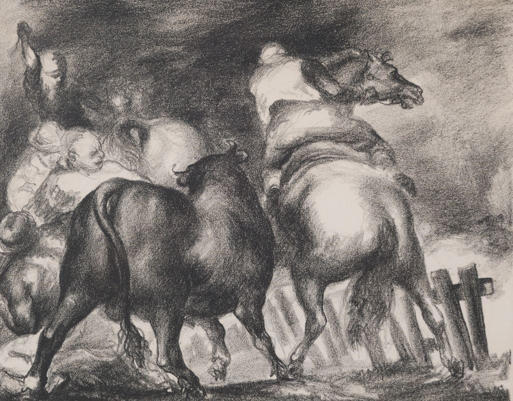 Appraisal: Black and white lithograph showing horse and rider by Jon