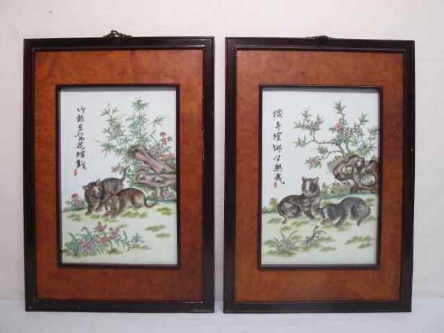 Appraisal: Two Chinese hand painted porcelain plaques Each depicts two kittens