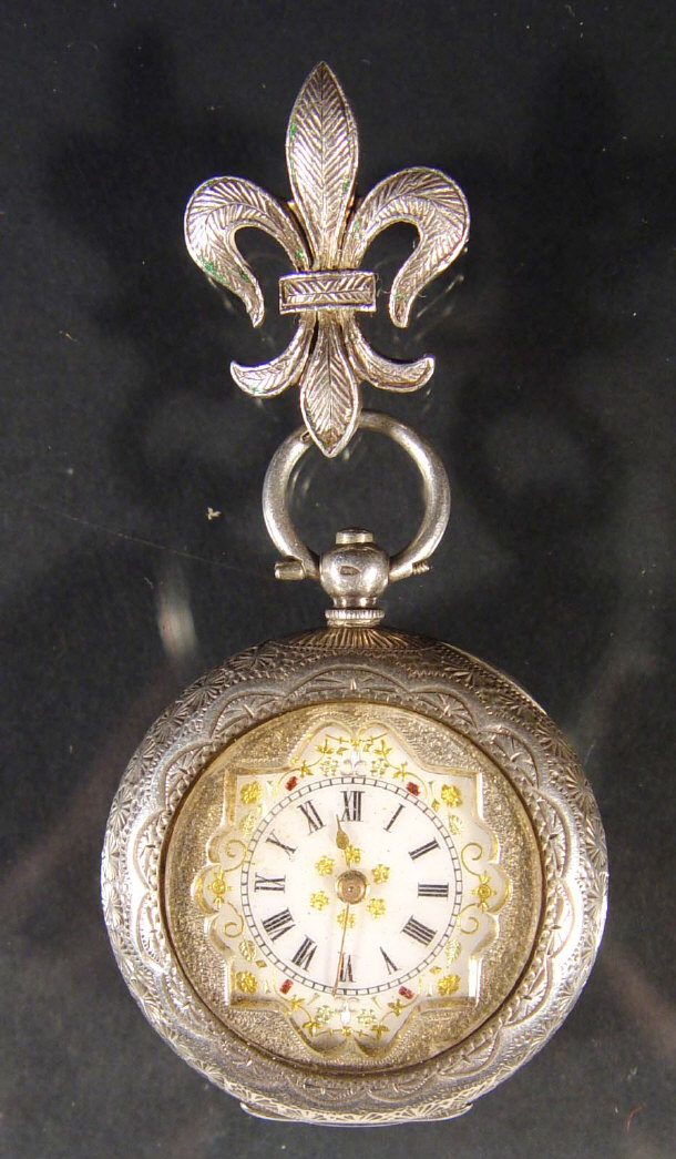 Appraisal: Lady's silver pocket watch with floral enamel dial with fleur-de-lys