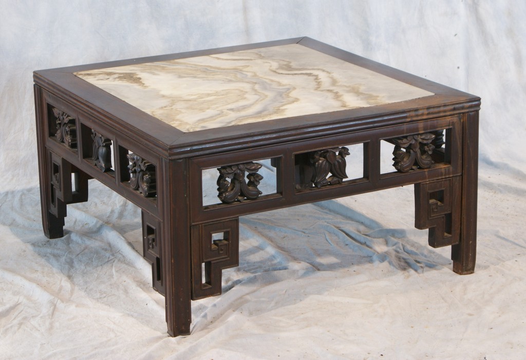 Appraisal: Carved Chinese low table with white marble inserts square x