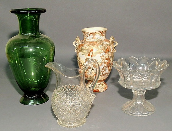 Appraisal: Satsuma vase h green glass vase h pressed glass centerpiece