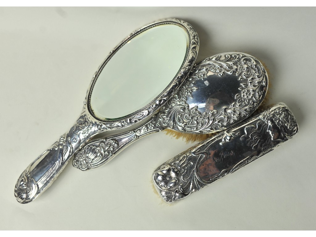 Appraisal: Lot comprising silver backed mirror and two brushes Birmingham and