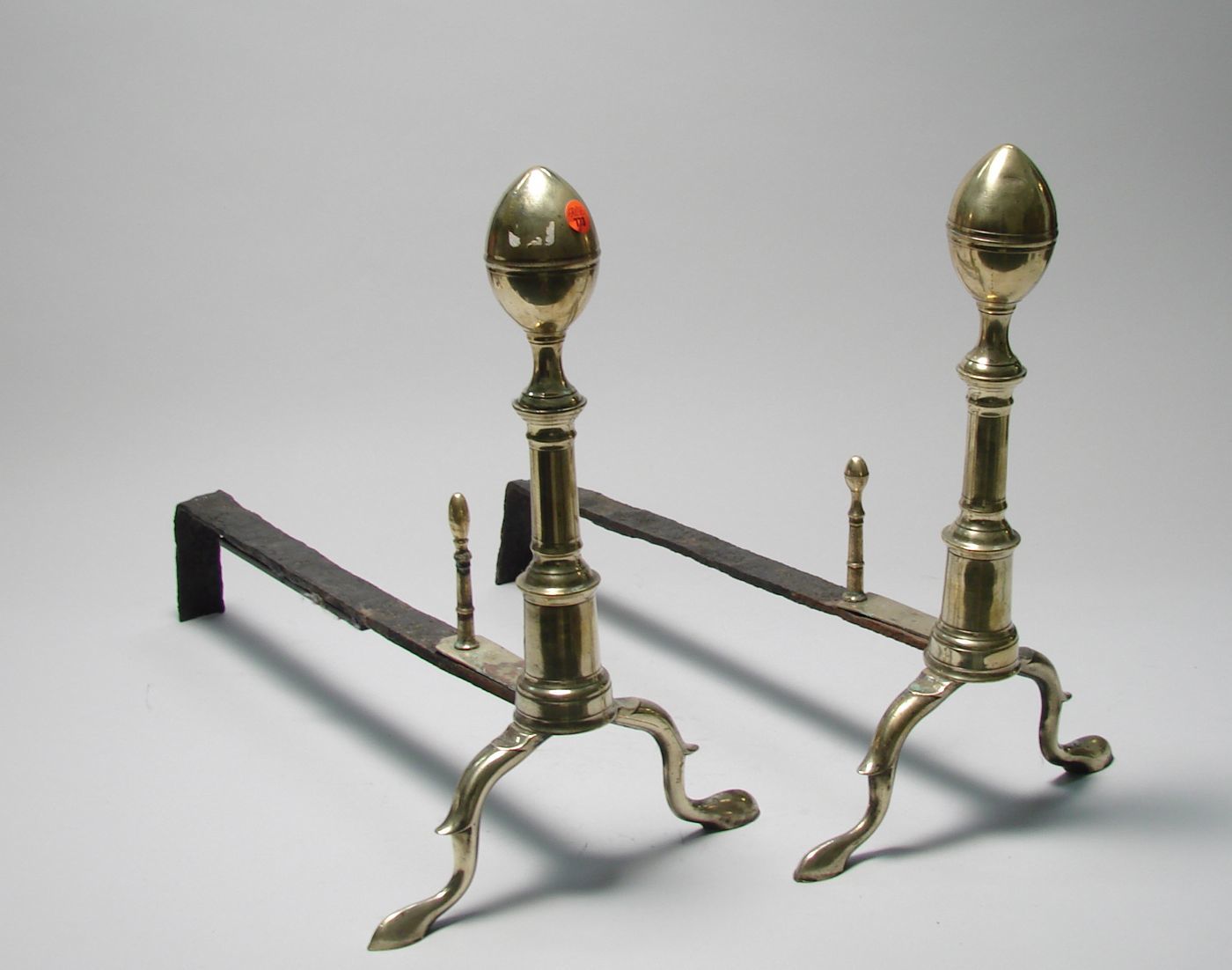 Appraisal: PAIR OF FEDERAL BRASS LEMON-TOP ANDIRONS Circa With arched legs