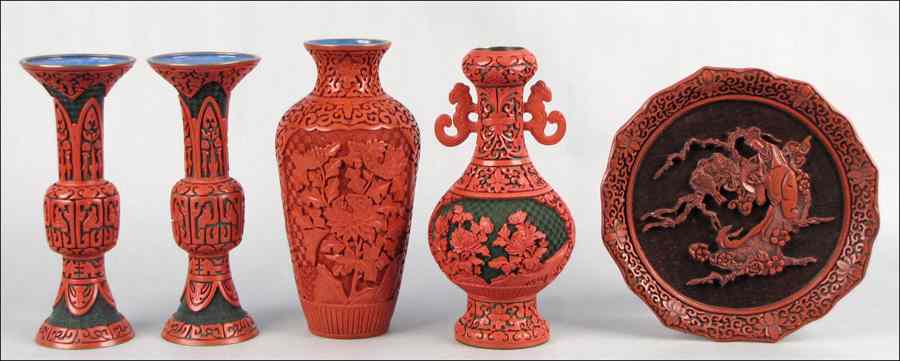 Appraisal: GROUP OF CINNABAR VASES Together with a cinnabar plaque Tallest