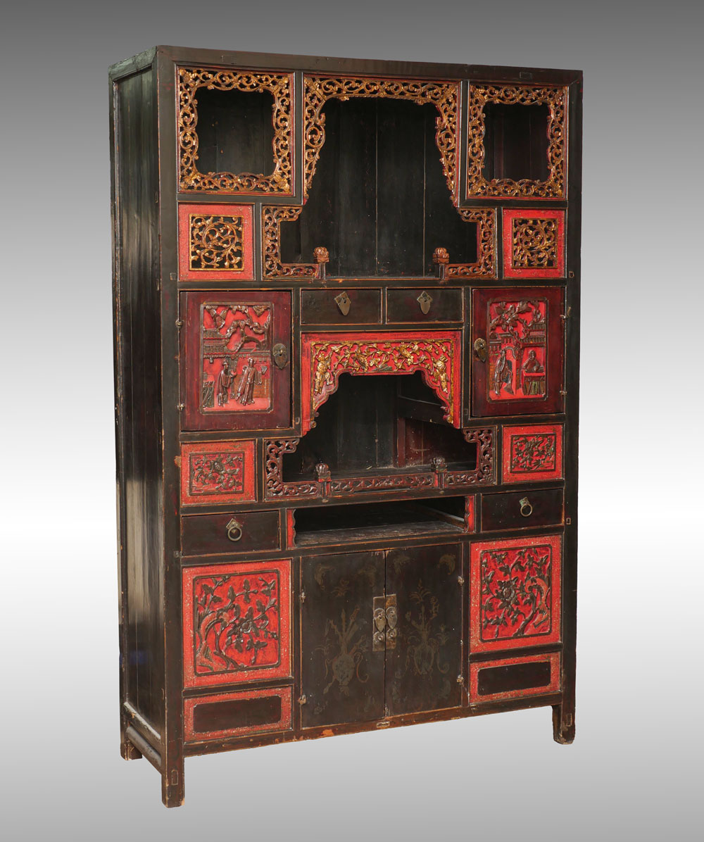 Appraisal: CHINESE CARVED BUDDHIST SHRINE Large - door - drawer Chinese