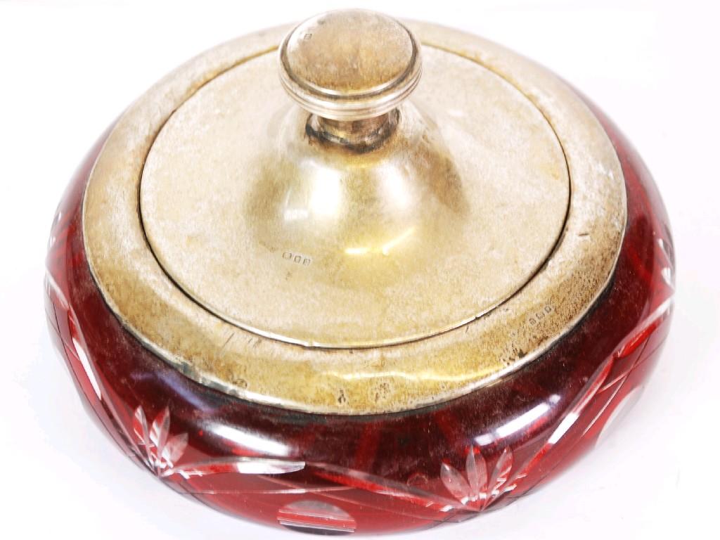 Appraisal: GEORGE V SILVER MOUNTED FLASH CUT RUBY GLASS LADY'S POWDER