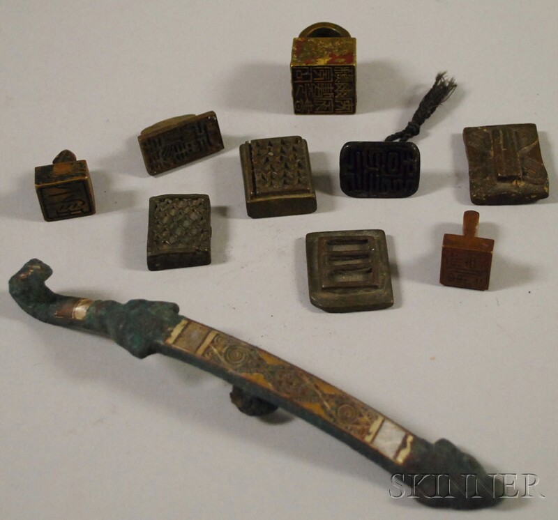 Appraisal: Nine Asian Bronze Seals and Weights and a Mixed-metal Buckle