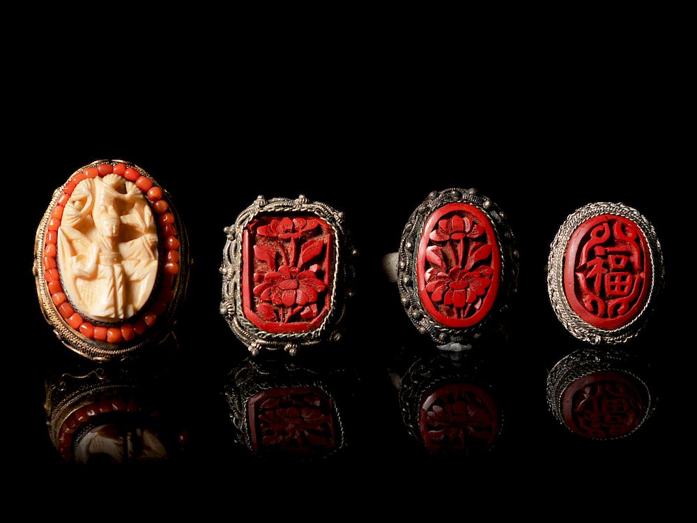 Appraisal: Four Chinese Red Lacquer Inset Silver Rings Largest inset length