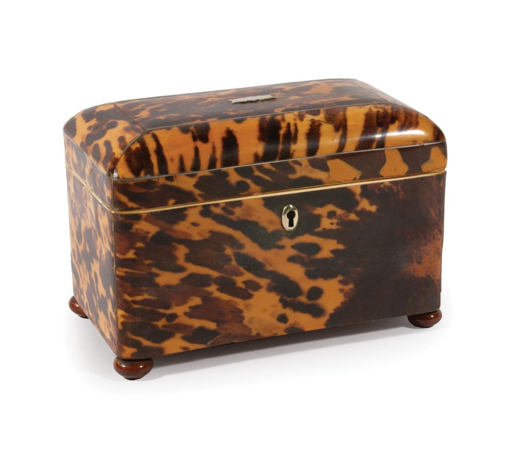 Appraisal: George III Tortoiseshell Tea Caddy th c domed lid with