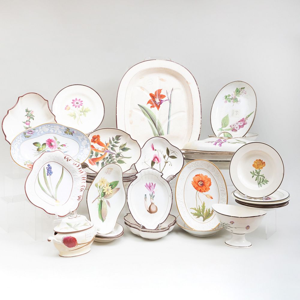 Appraisal: Assembled English Creamware Botanical and Flower Decorated Part Service Variously