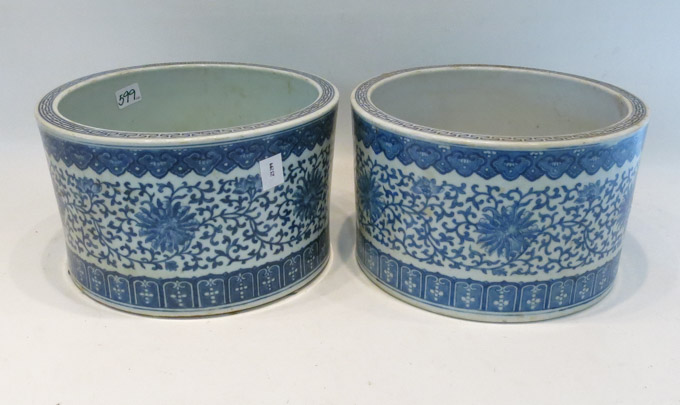 Appraisal: PAIR CHINESE BLUE AND WHITE PORCELAIN JARDINIERES of low profile