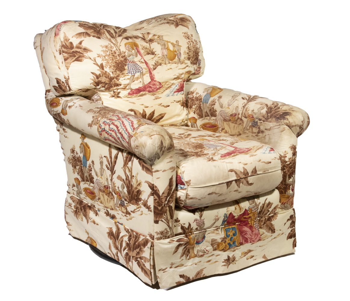 Appraisal: CUSTOM LOUNGE CHAIR Vintage Upholstered Armchair covered in West Indian