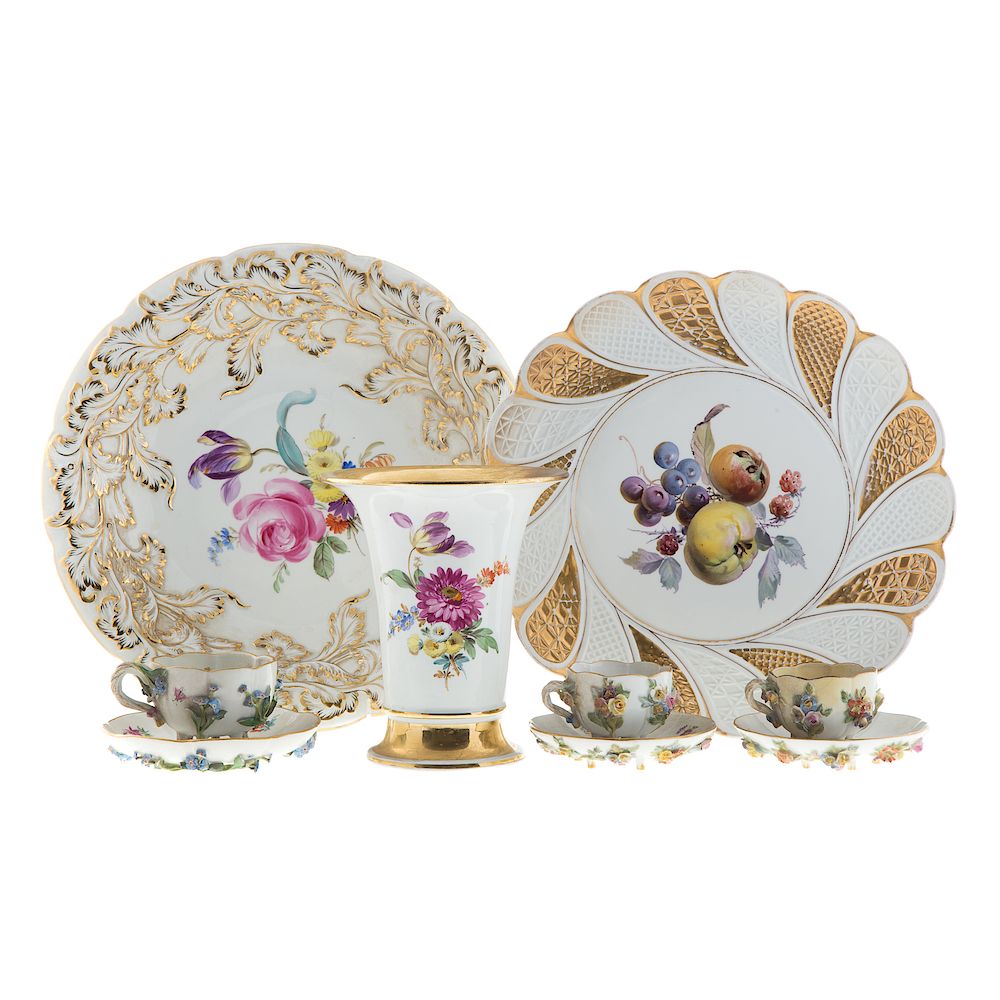 Appraisal: Collection Meissen Porcelain including cabinet plate centered with hand-painted floral