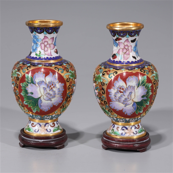 Appraisal: Pair of Chinese small cloisonn enamel vases each with wood