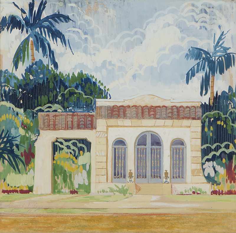 Appraisal: California residential rendering with palm trees gouache on paper under