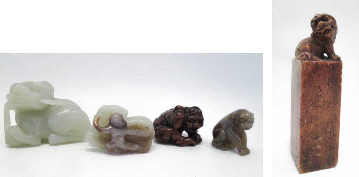 Appraisal: FIVE PIECES OF JADE WOOD AND STONE FIGURES including a