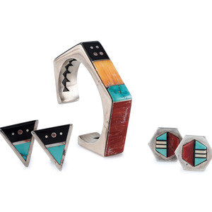 Appraisal: Jim Harrison Din b Silver and Mosaic Inlay Cuff Bracelet