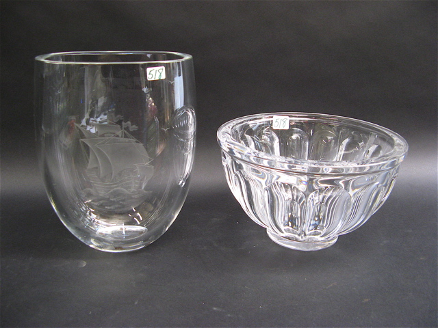 Appraisal: TWO ORREFORS CLEAR CRYSTAL PIECES the heavy round bowl with