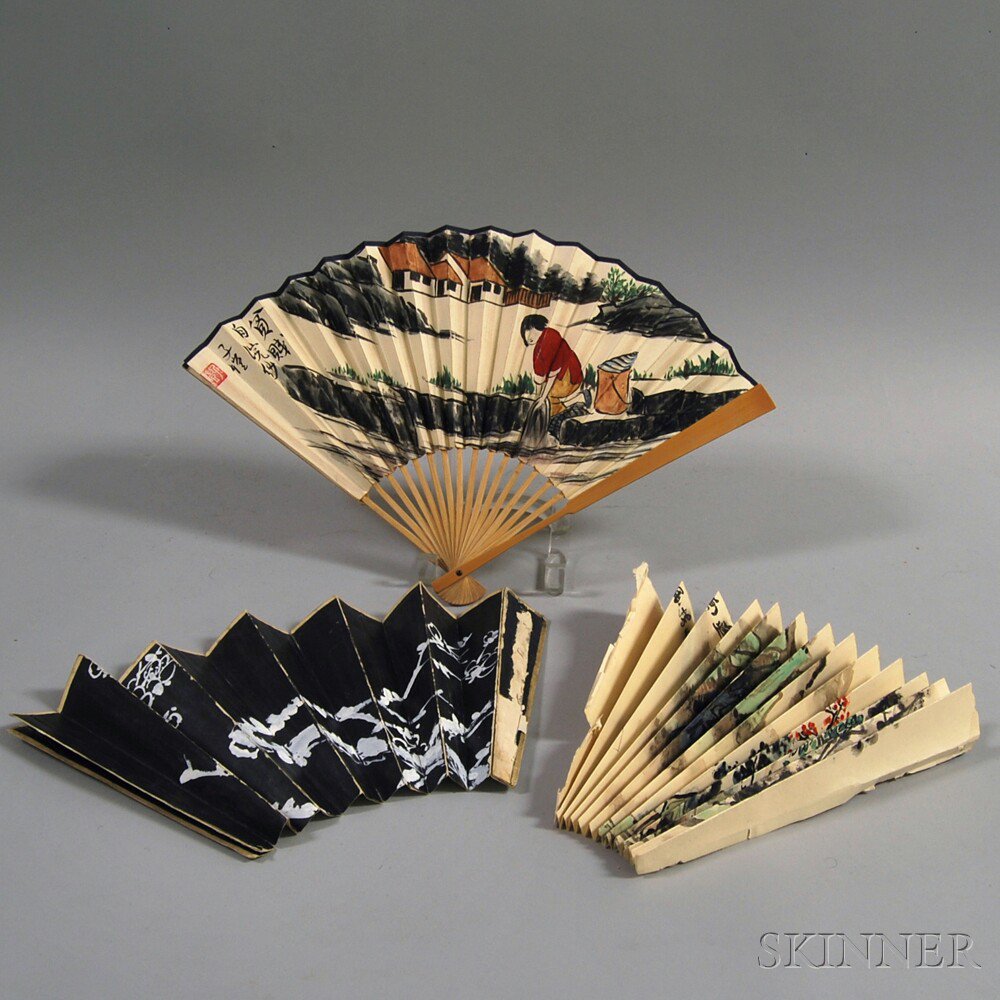 Appraisal: Three Folding Fan Paintings China a landscape inscribed with a