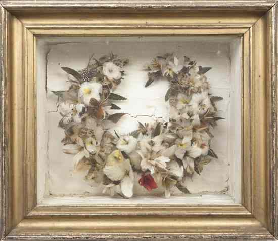 Appraisal: A Victorian Feather and Taxidermy Bird Wreath of horseshoe form