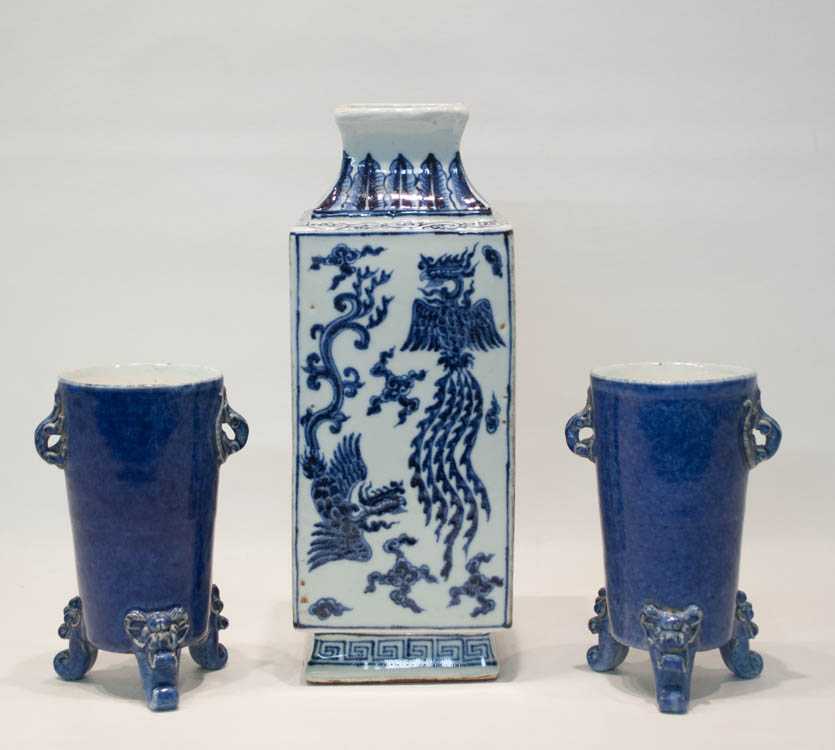 Appraisal: THREE CHINESE PORCELAIN VASES one of square form with phoenix