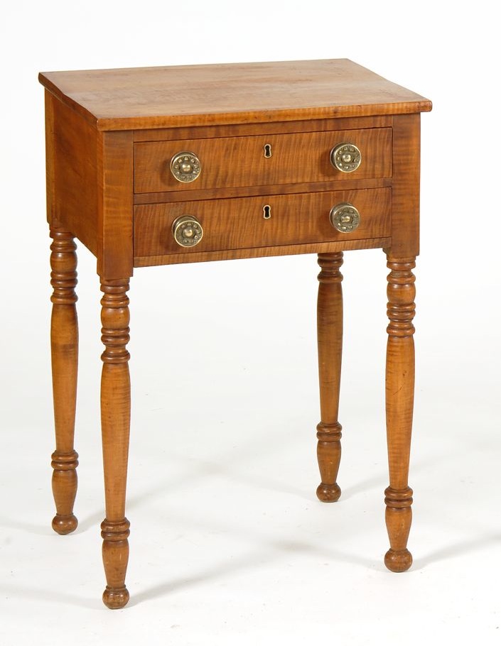 Appraisal: ANTIQUE AMERICAN COUNTRY SHERATON TWO-DRAWER STAND Circa In tiger maple