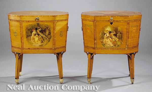 Appraisal: A Pair of George III-Style Paint-Decorated and Inlaid Satinwood Cellarettes