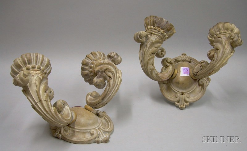 Appraisal: Pair of Continental Baroque-style Carved Wood Two-Light Wall Sconces wd