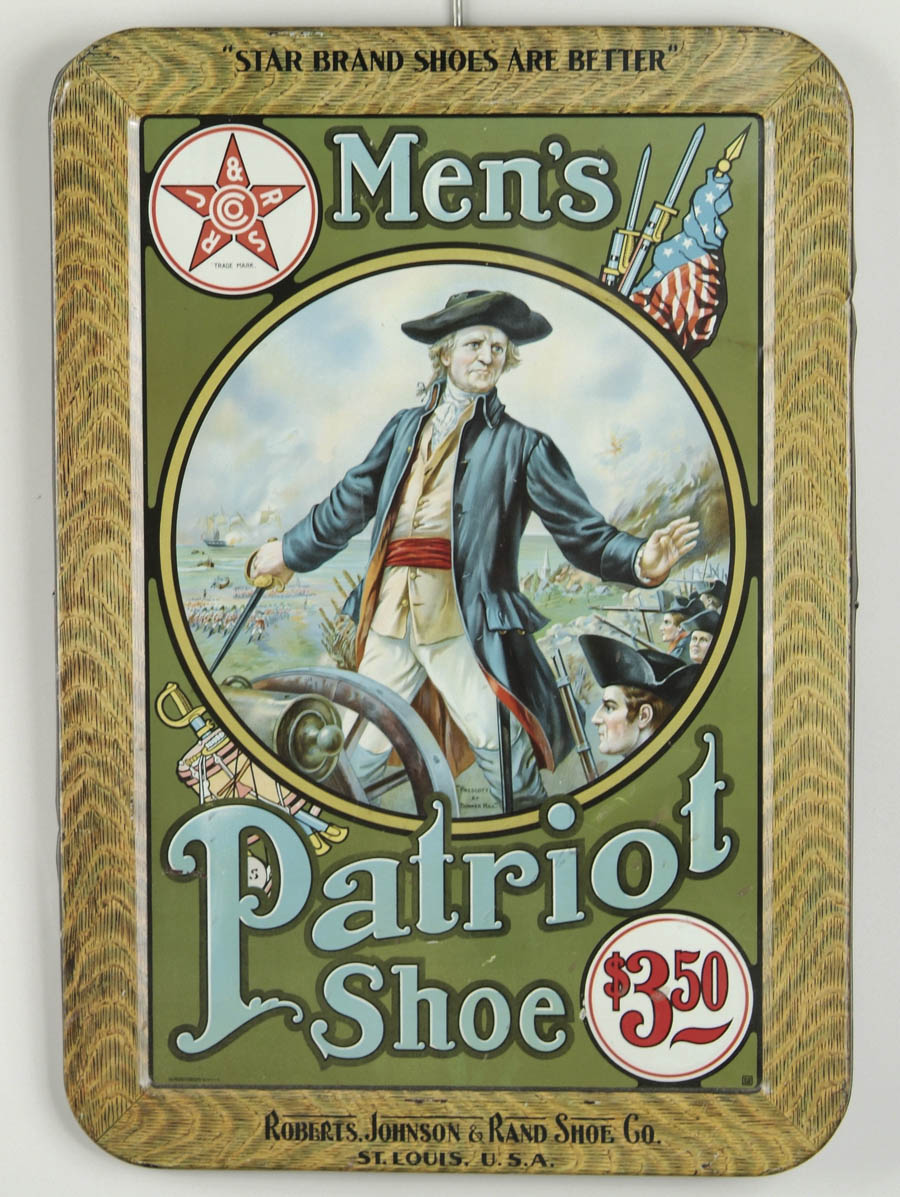 Appraisal: PATRIOT SHOE TIN SIGN Fabulous image depicting Prescott at the