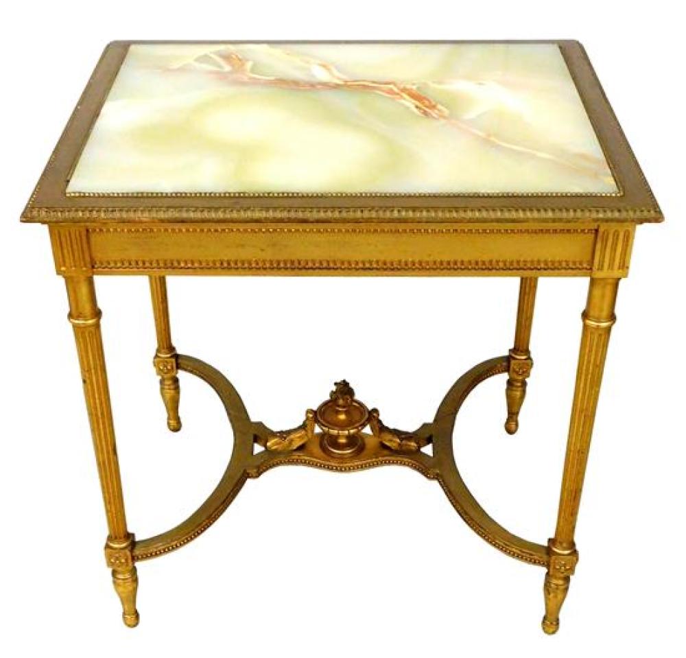 Appraisal: Table with onyx inset top on golden wood base frame-style