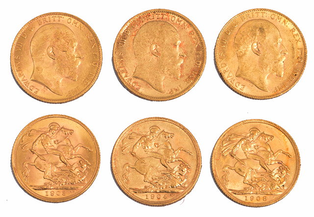 Appraisal: THREE EDWARD VII GOLD SOVEREIGNS one dated and two dated