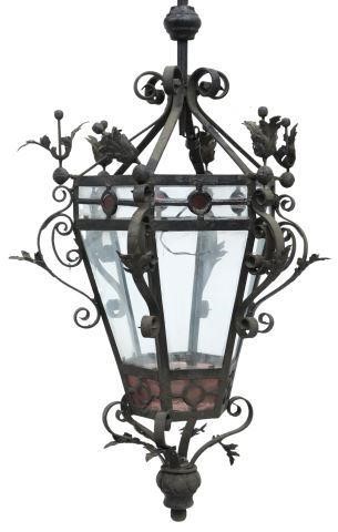 Appraisal: Continental wrought iron hanging lantern lamp th c having hexagonal