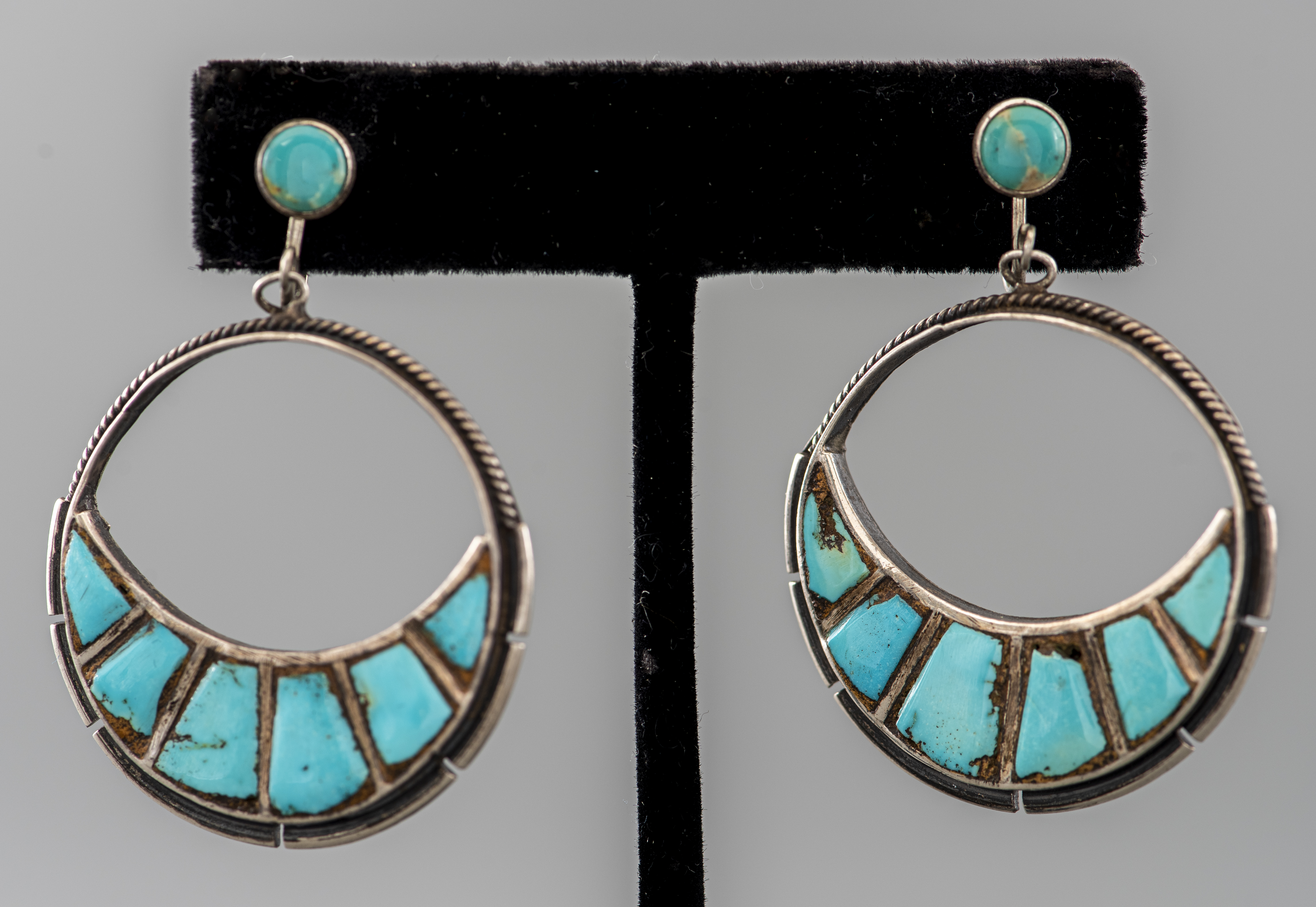 Appraisal: TAXCO MEXICAN SILVER TURQUOISE INLAY DROP EARRINGS Vintage Taxco Mexican