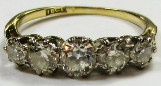 Appraisal: A gold and diamond set five stone ring mounted with