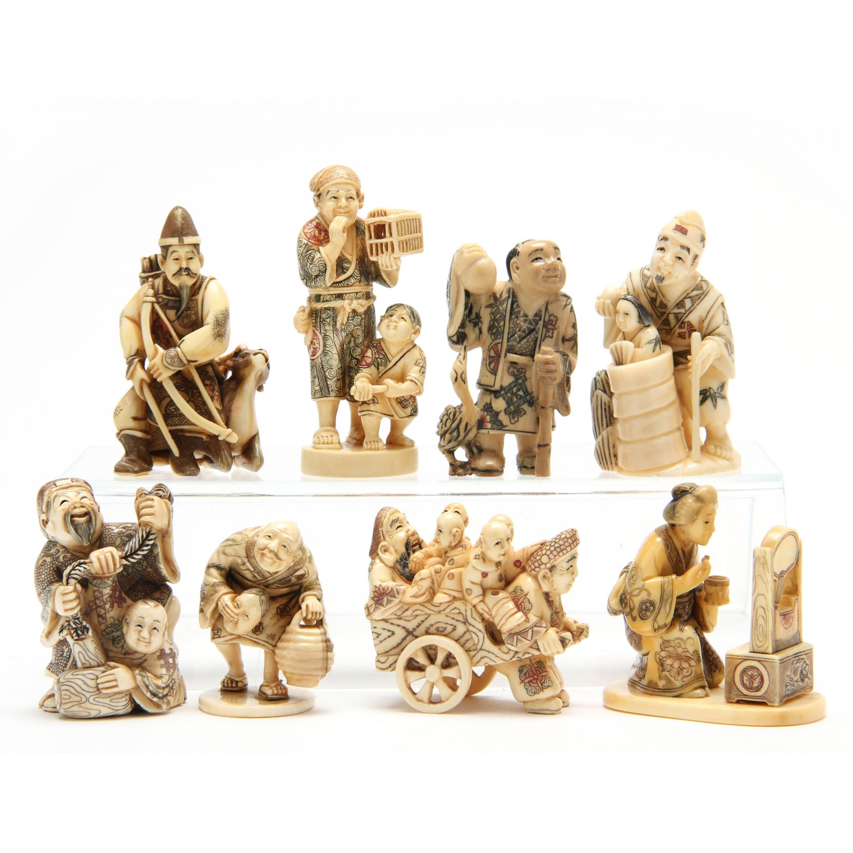 Appraisal: Group of Eight Netsuke th century ivory seven with signatures