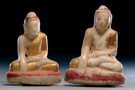 Appraisal: PAIR BURMESE MARBLE BUDDHAS Pair of antique Burmese carved marble