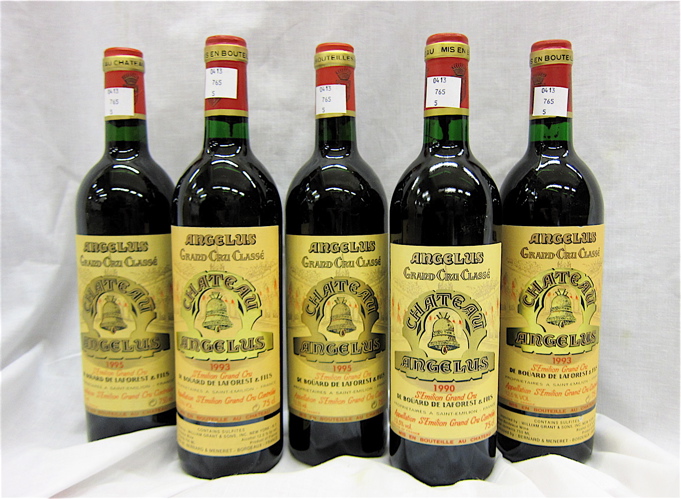 Appraisal: FIVE BOTTLES VINTAGE FRENCH RED BORDEAUX WINE Chateau Angelus Saint-Emilion