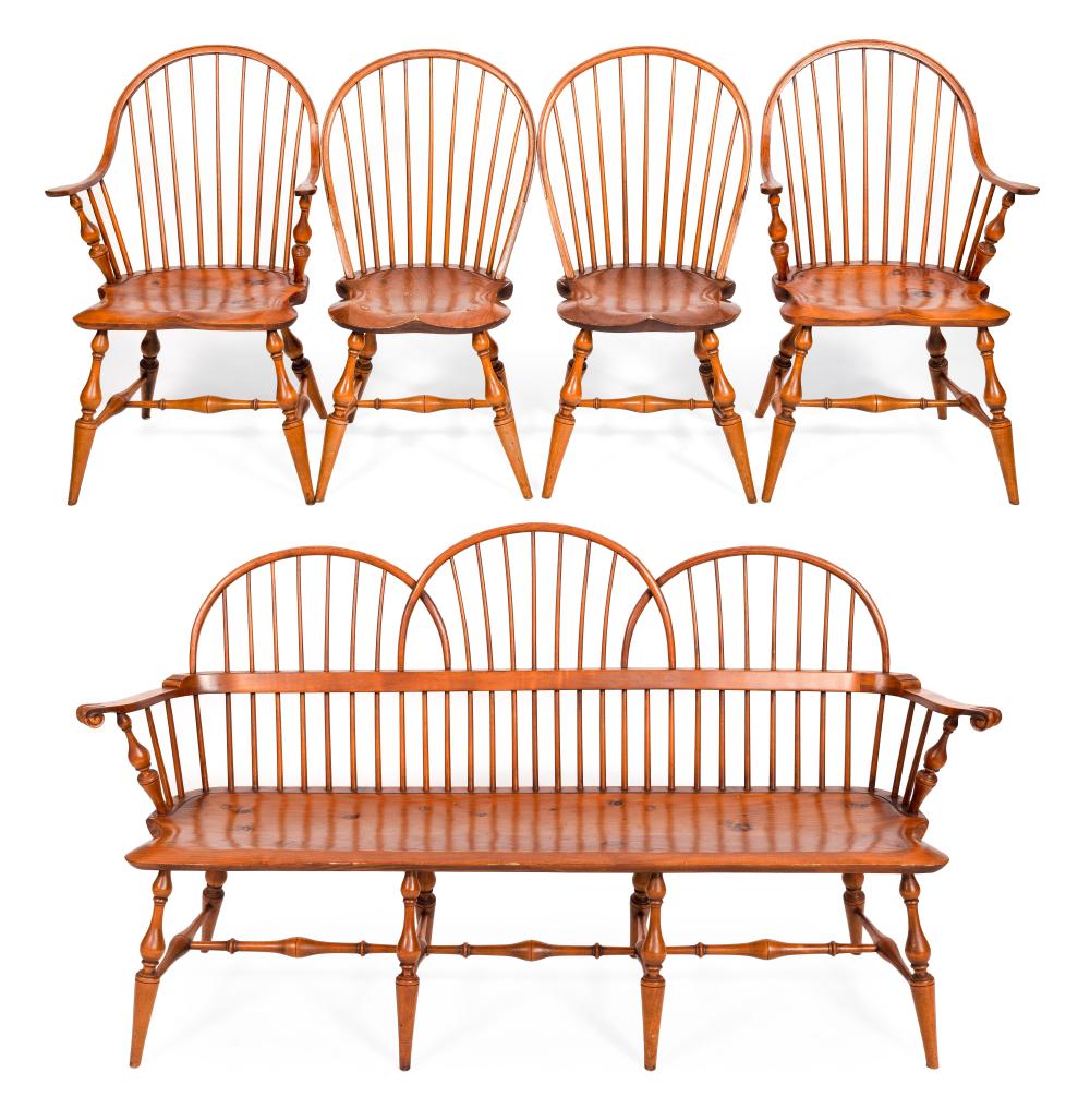 Appraisal: ELDRED WHEELER WINDSOR-STYLE BENCH AND FOUR BOWBACK WINDSOR CHAIRS MASSACHUSETTS