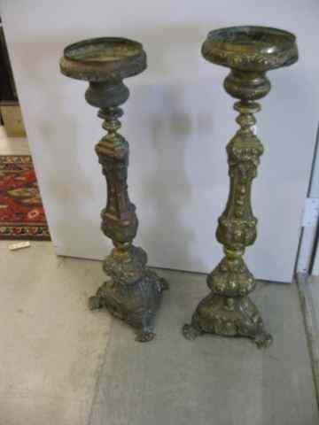 Appraisal: Pair of Brass Candlesticks ornate triangular base circa '' tall