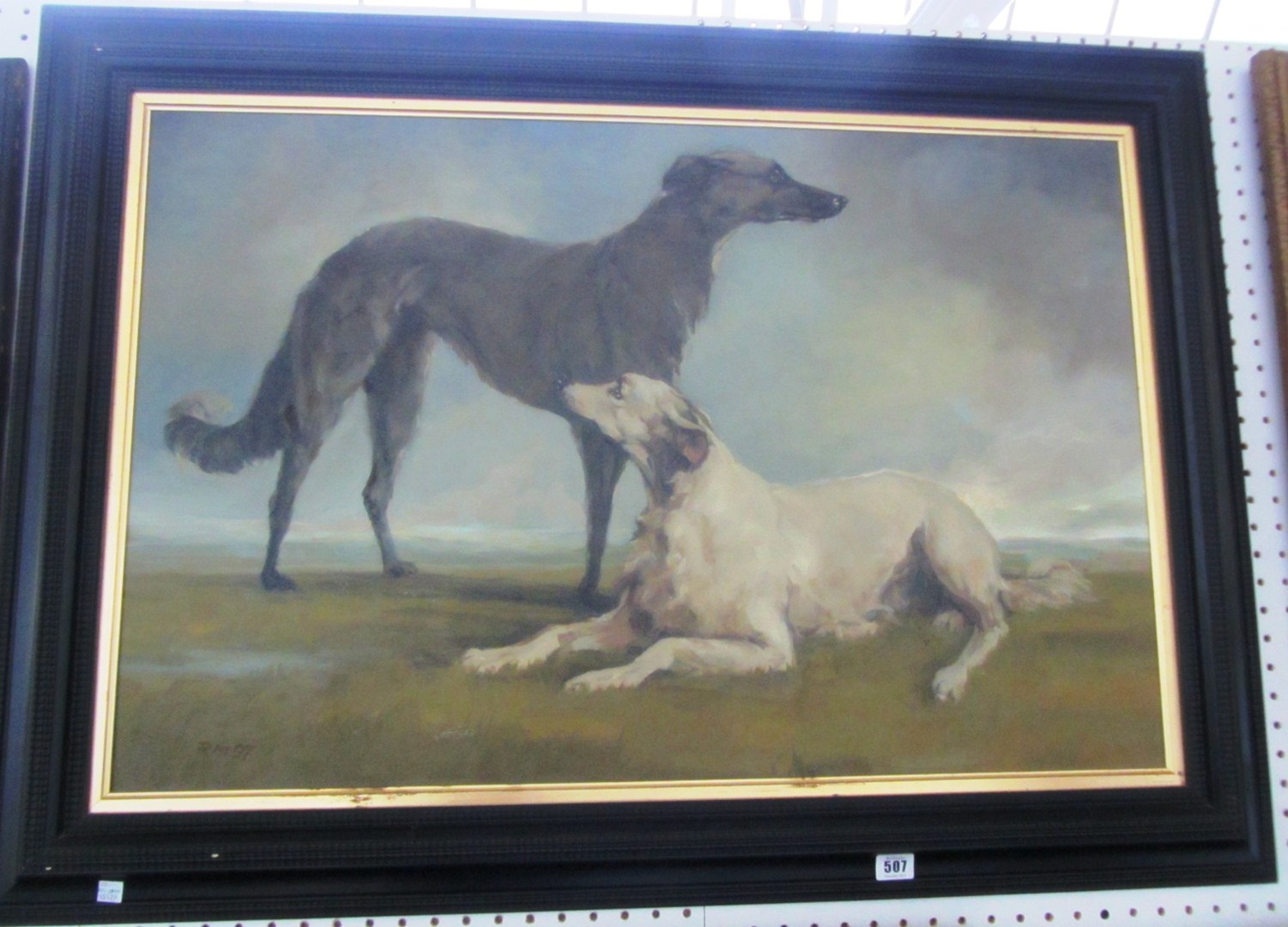 Appraisal: Rosita Marlborough b Black and white lurchers oil on canvasboard