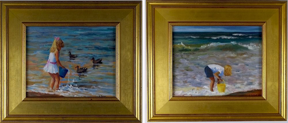 Appraisal: PR th C American Seascape Figural Oil Paintings Pair of