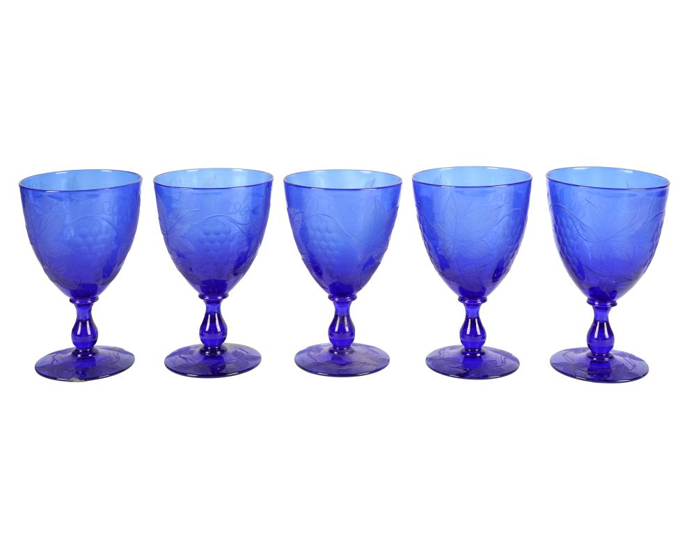 Appraisal: SET OF ETCHED COBALT GLASS WATER GOBLETSunsigned with grapevine design