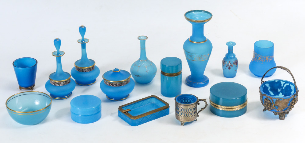 Appraisal: BLUE OPALINE GLASS COLLECTION pieces to include scent bottles with