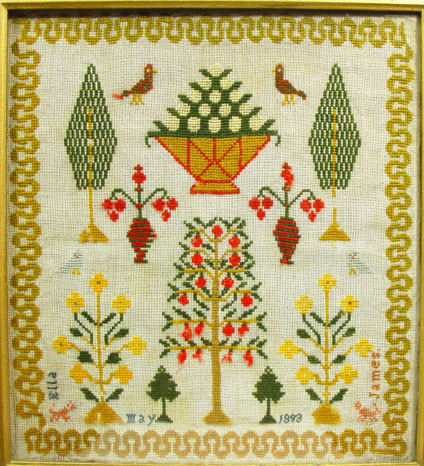 Appraisal: Victorian sampler embroidered with birds and trees by Ella May