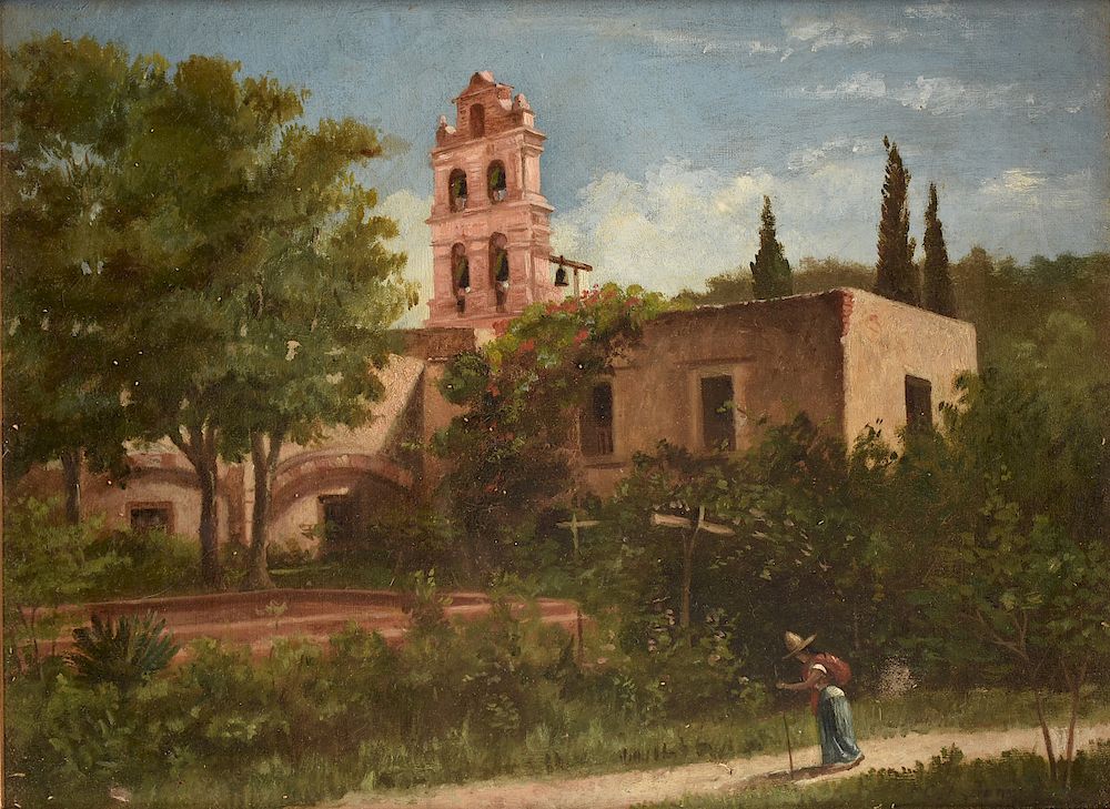 Appraisal: AN AMERICAN SCHOOL PAINTING Spanish Mission with Figure TH CENTURY