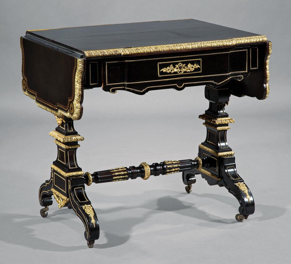 Appraisal: English Bronze-Mounted Brass Inlaid and Ebonized Sofa Table late th