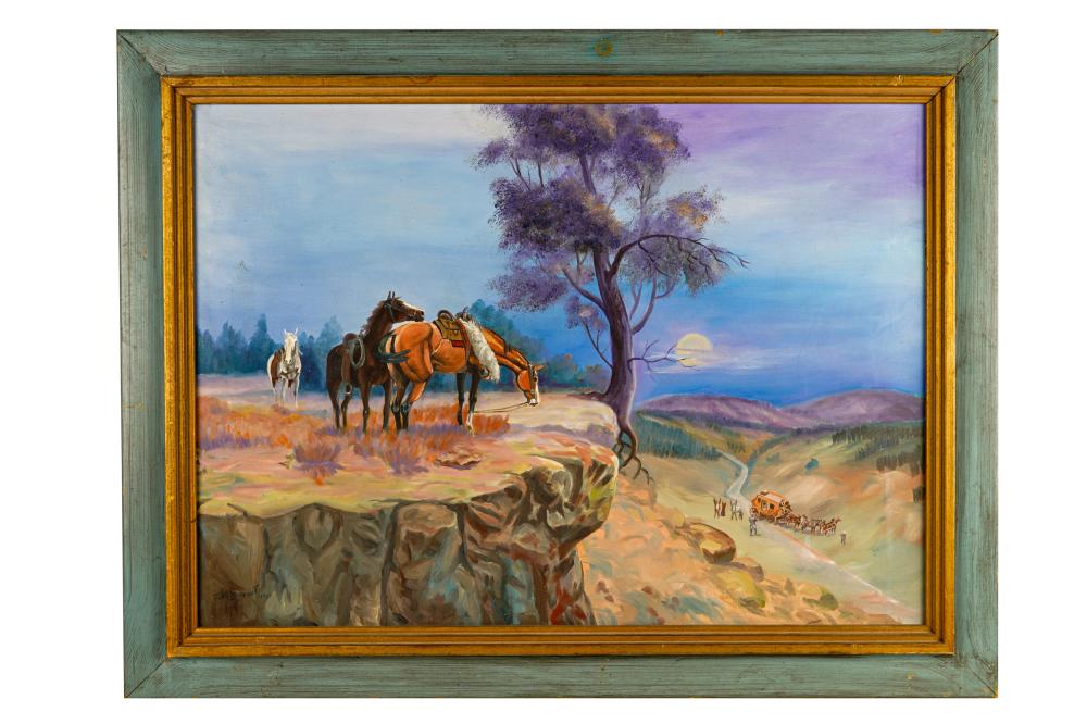 Appraisal: J N BRYANT HORSES OVERLOOKING THE WAGON TRAIN oil on