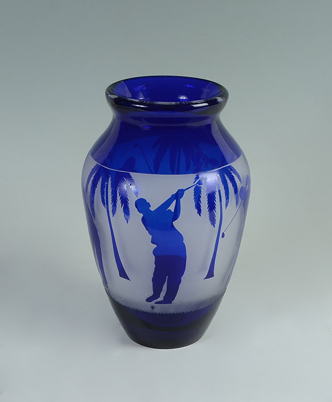 Appraisal: CHUCK BOUX COBALT CUT TO CLEAR GOLFER VASE images of