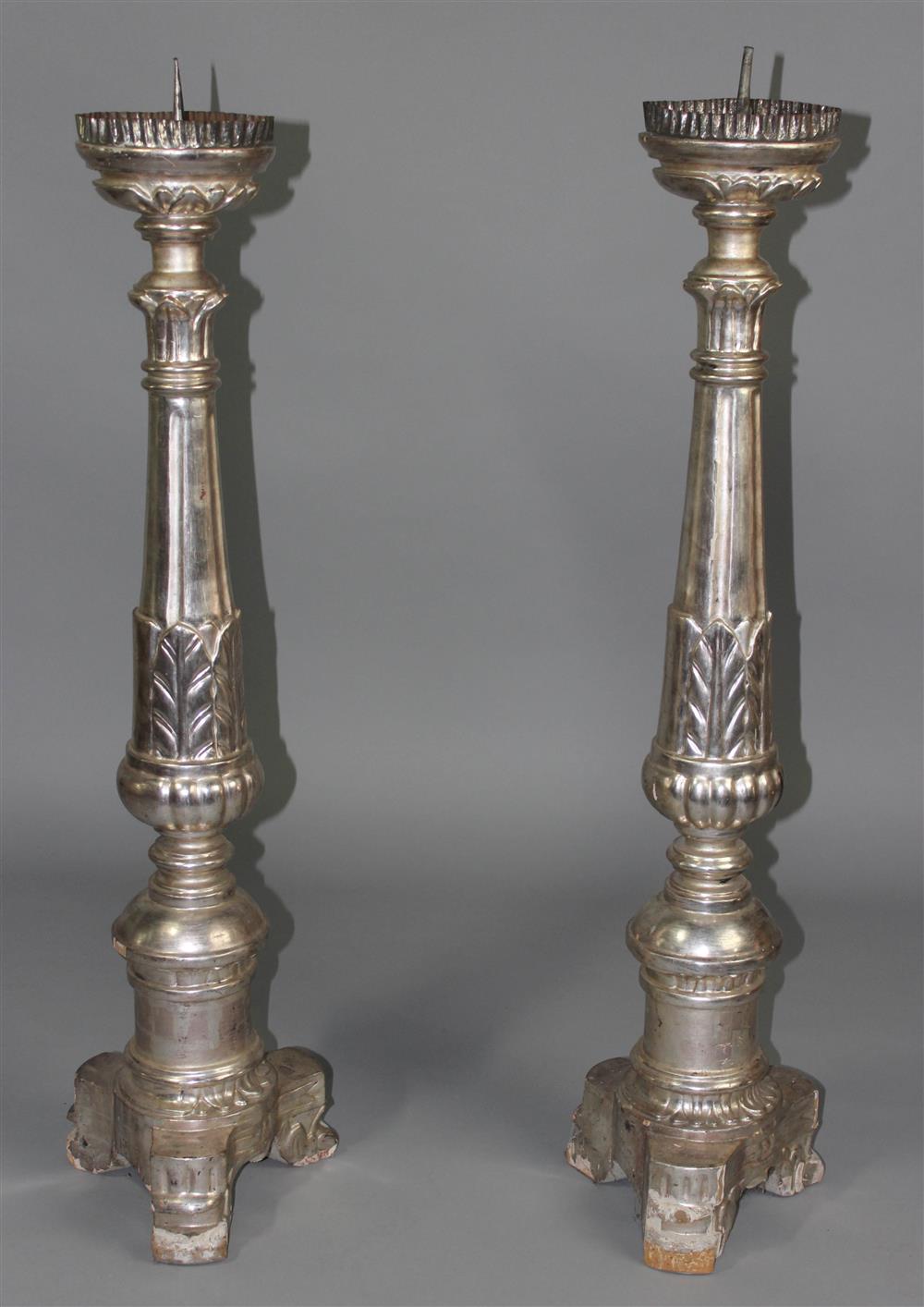 Appraisal: PAIR OF BAROQUE STYLE SILVERED PRICKET STICKS th Century -