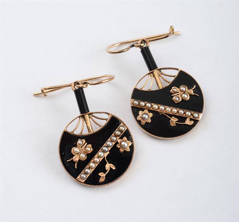 Appraisal: PAIR OF VICTORIAN GOLD AND BLACK ONYX NOVELTY EARRINGS Decorated